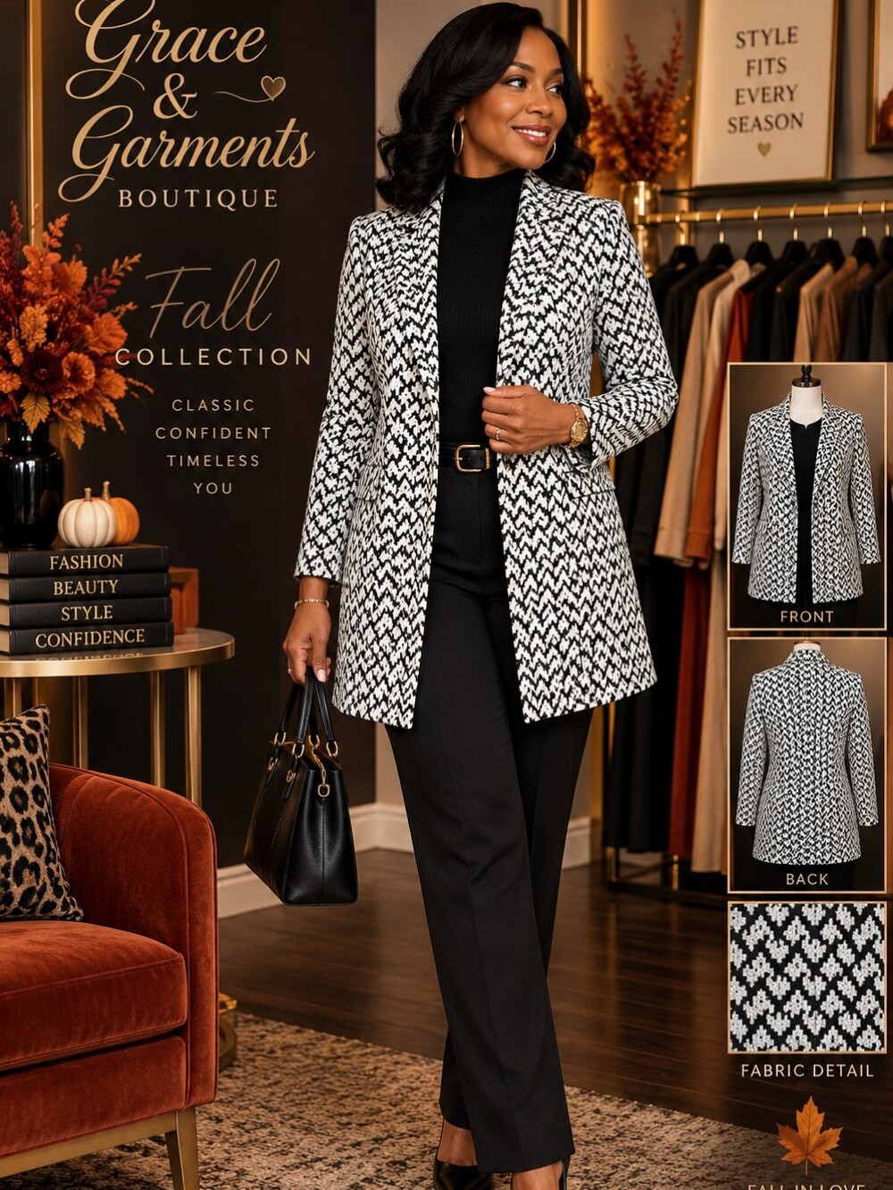 Philosophy Black and White Patterned Women's Long Blazer